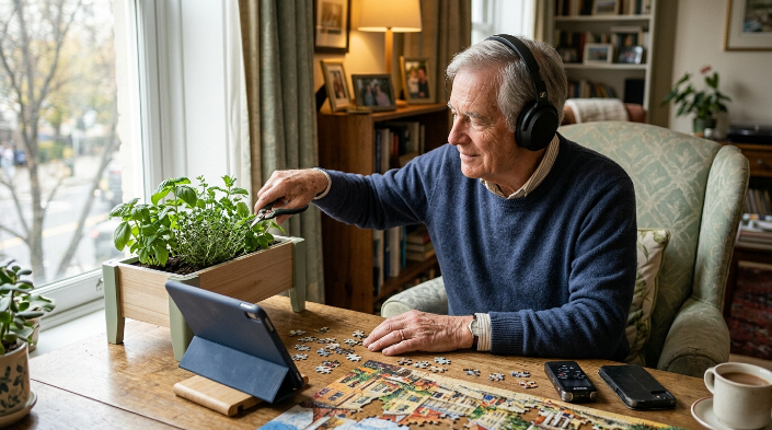 Older adult enjoying accessible stress-relieving hobbies with a raised planter, audiobook, and puzzle.