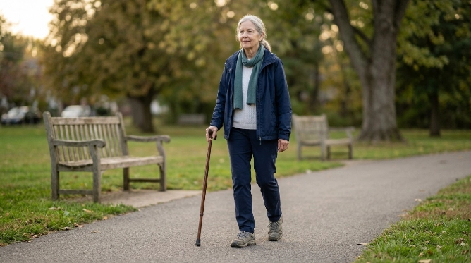How does a cane help balance and reduce pressure?