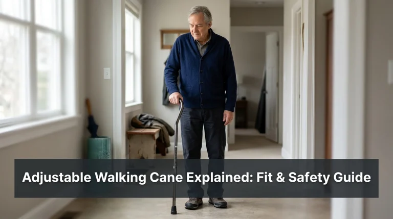 Older adult using a correctly fitted adjustable walking cane with a secure lock and slight elbow bend.