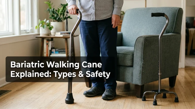 Heavy-duty single-point and quad bariatric walking canes in a living room with a safety guide title.