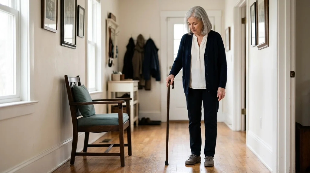 Older adult checking walking cane fit while standing upright in a clear home hallway.
