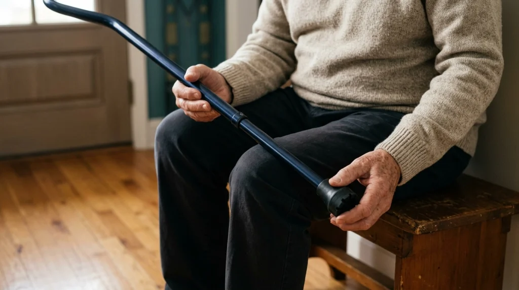 Older adult inspecting a walking cane tip for secure shaft attachment, rubber cracks, and tread wear.