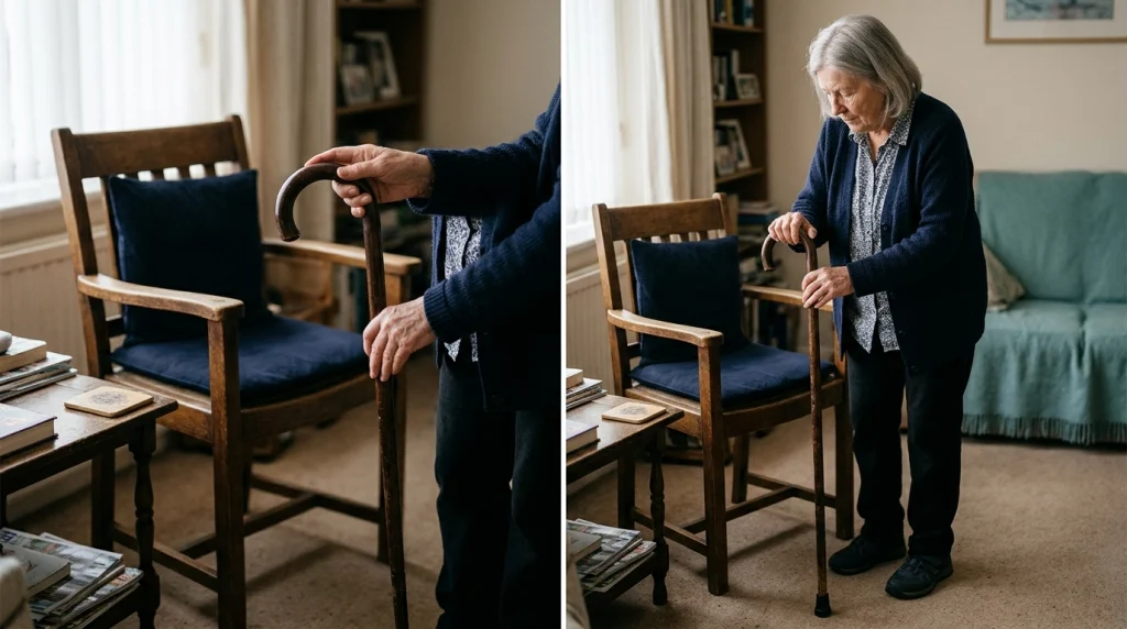 Older adult checking the fit and wrist comfort of a Derby-style walking cane at home.