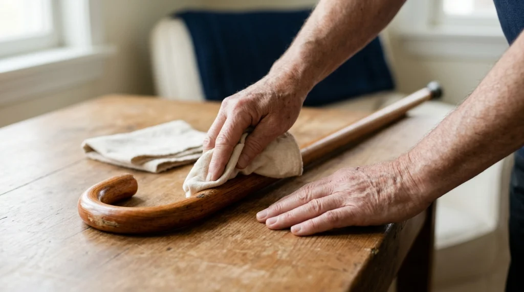 Hands wiping a wooden cane handle with a soft cloth during routine maintenance.