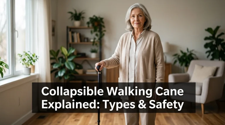 Senior person holding a collapsible walking cane in a bright, modern living room.