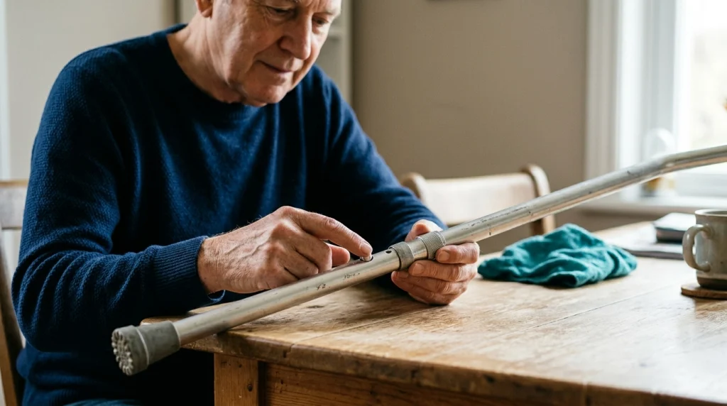Close-up of an adult inspecting an adjustable walking cane locking button, collar, and metal shaft.
