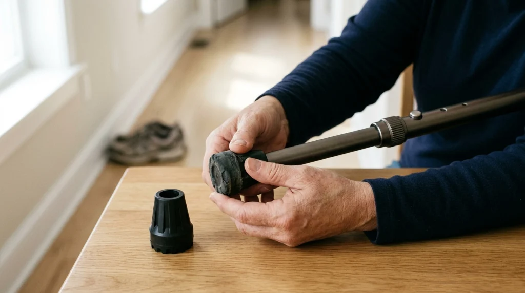 Caregiver inspecting a worn bariatric walking cane rubber tip and height-adjustment hardware.