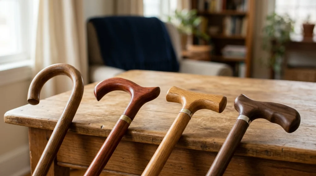 Four wooden cane handle shapes showing crook, derby, T-shaped, and contoured designs