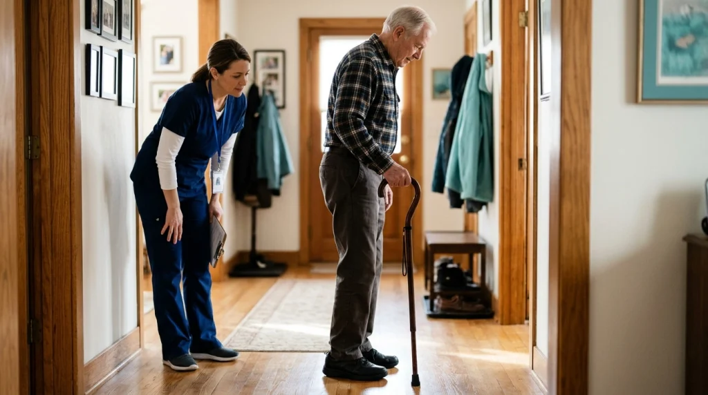 Older adult checking the fit and wrist position of a crook-handled walking cane.