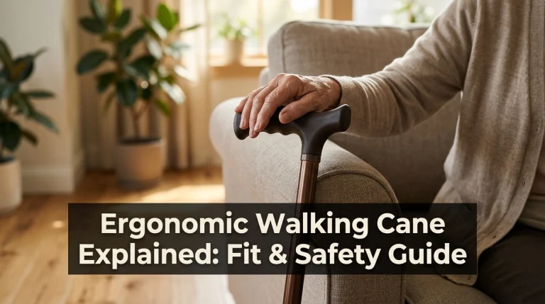 An ergonomic walking cane resting against a comfortable armchair in a bright living room.