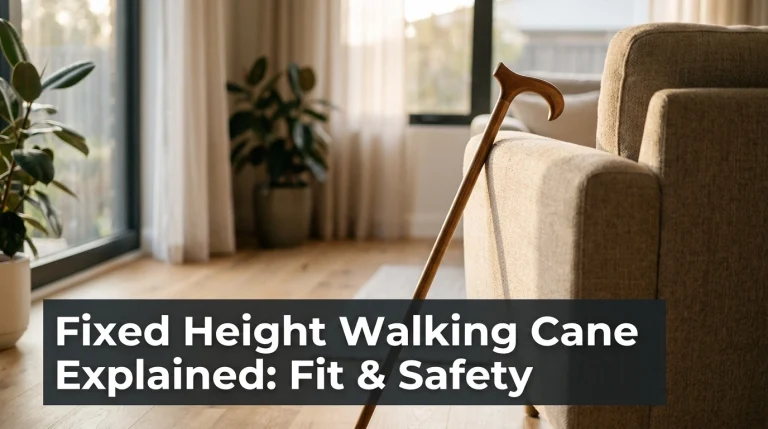 A wooden fixed height walking cane leaning against an armchair in a sunlit living room.