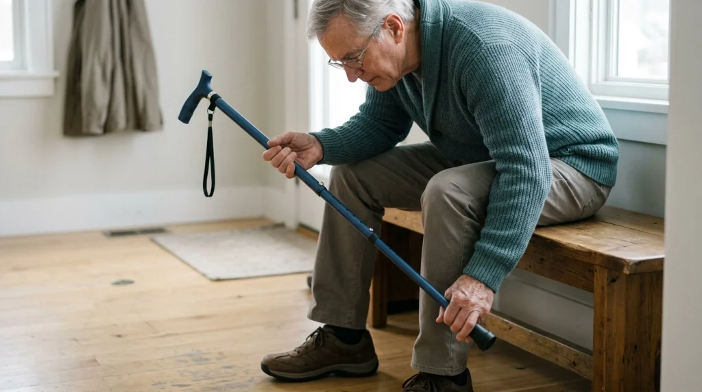 Seated older adult checking a folding walking cane's rubber tip and shaft before leaving home.