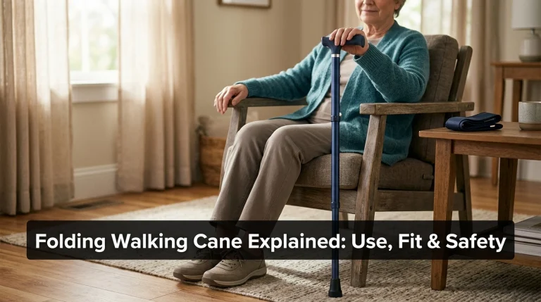 Older adult beside an assembled folding walking cane in a living room, illustrating safe fit and everyday use.