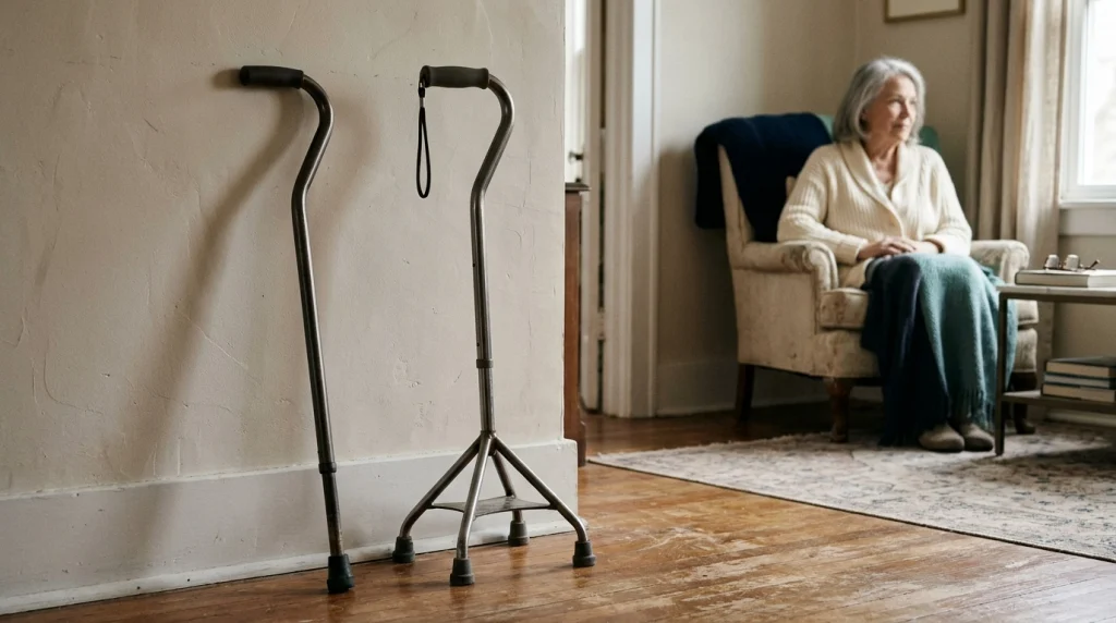 Four point cane and standard single-point walking cane standing side by side.