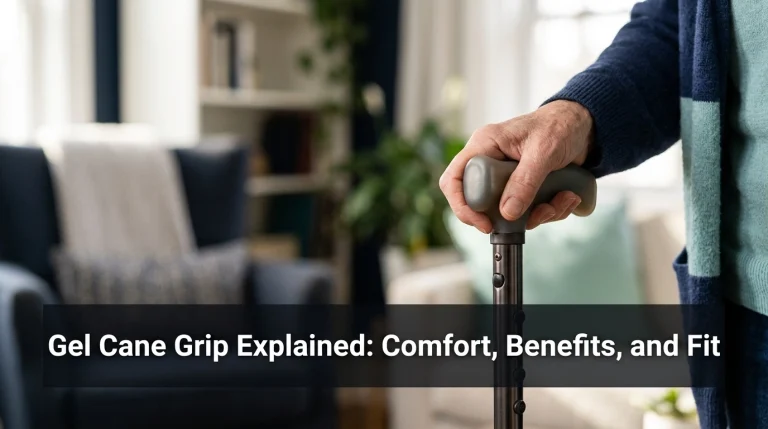 Older adult holding a gel cane grip on an adjustable walking cane at home.