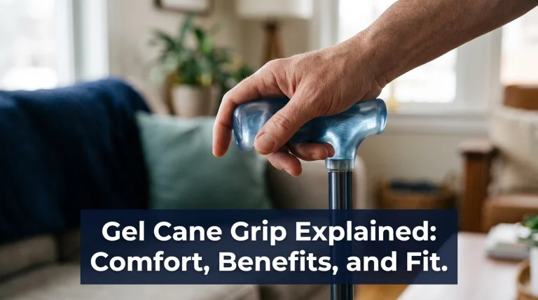 Gel cane grip held comfortably in an adult hand at home.