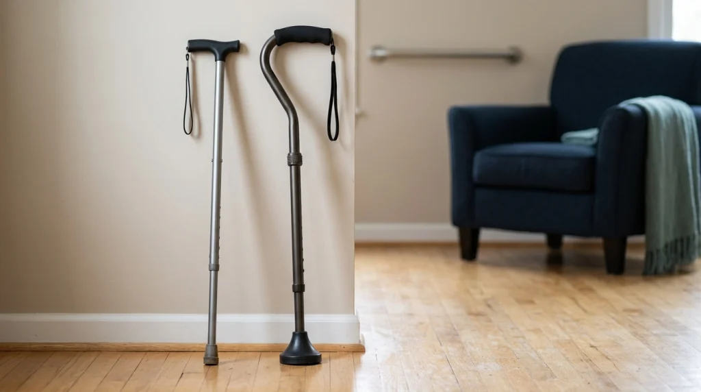 Standard walking cane beside a reinforced heavy duty walking cane showing differences in shaft and handle construction.
