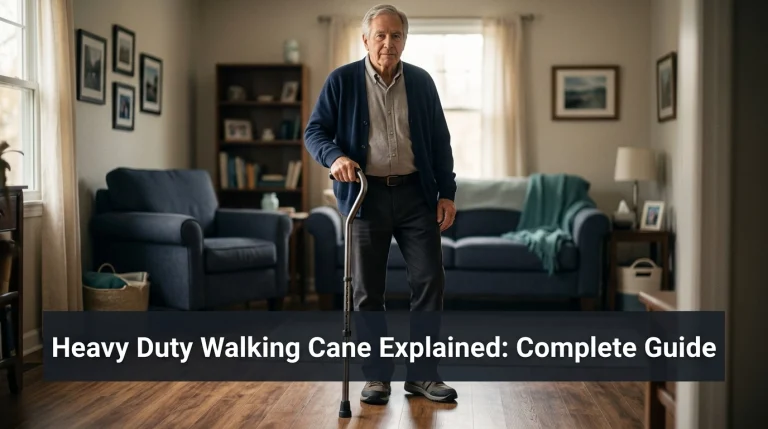 Heavy duty walking cane with reinforced shaft, offset handle, and nonslip tip beside an older adult at home.