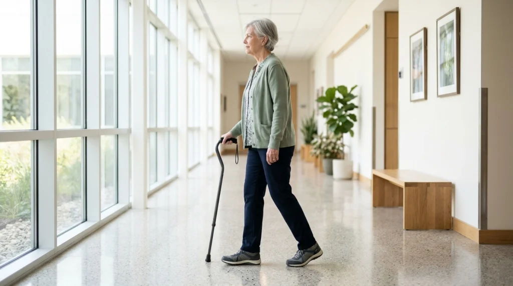 Person walking safely indoors using a lightweight walking cane.