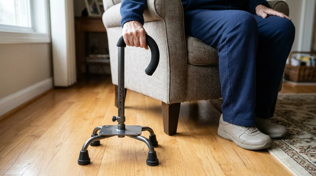 Close-up of a quad cane showing four rubber-tipped feet resting securely on a hardwood floor.