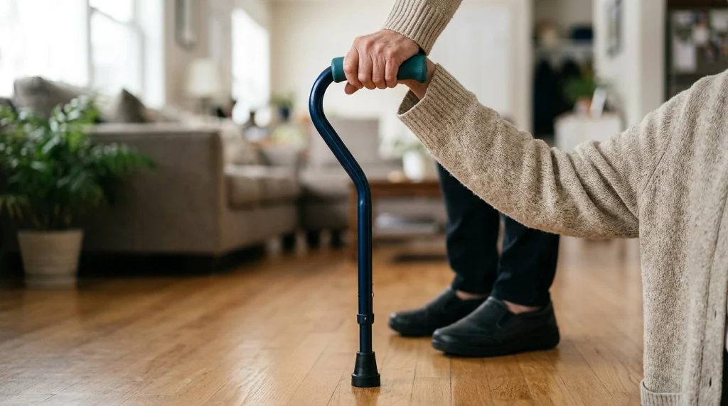 Close-up of an offset walking cane handle positioned above the main shaft for direct support.