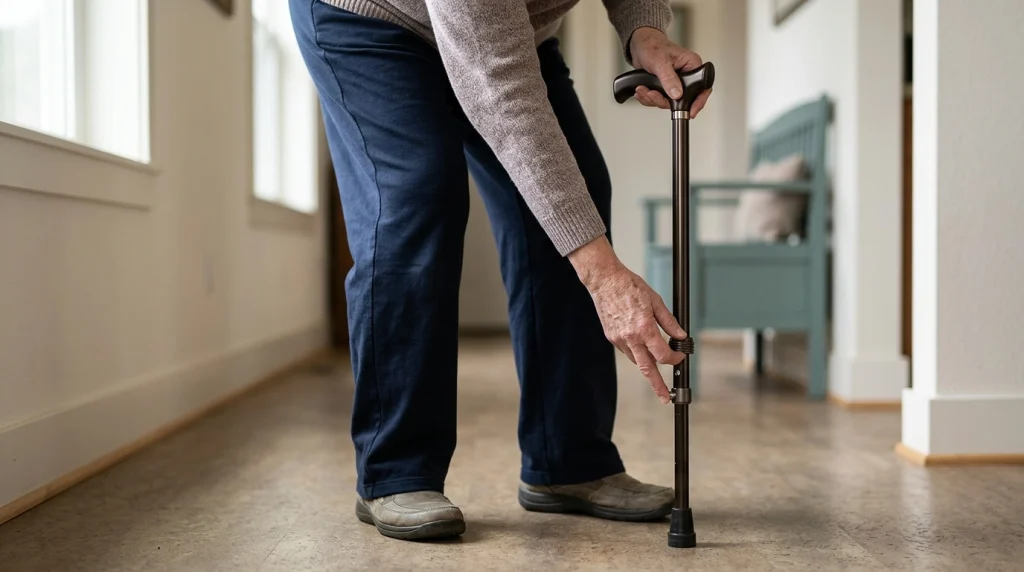 Adult adjusting telescoping walking cane height beside the wrist while wearing everyday walking shoes.