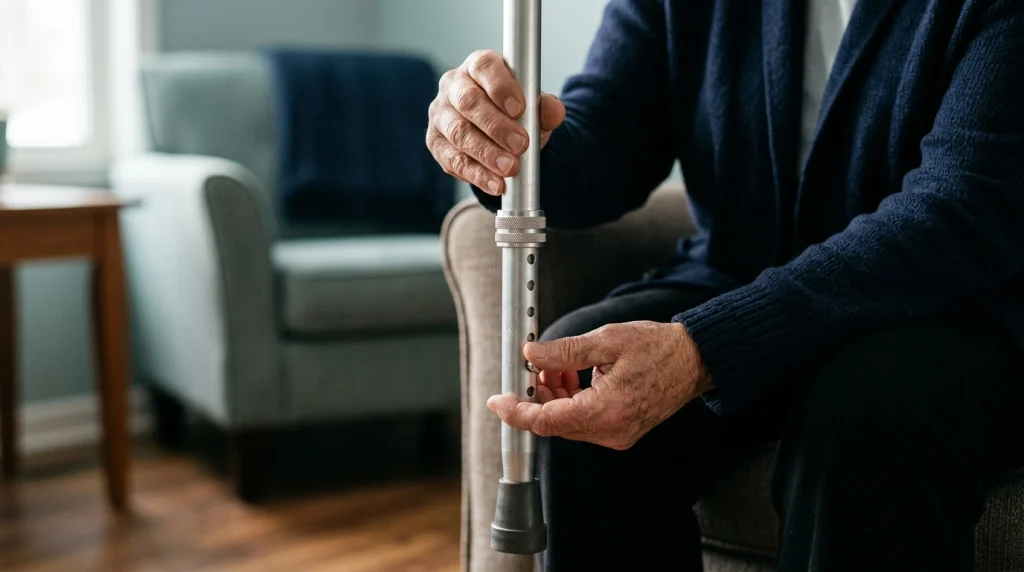 Close-up of a person pressing the adjustment button on a telescoping walking cane shaft.