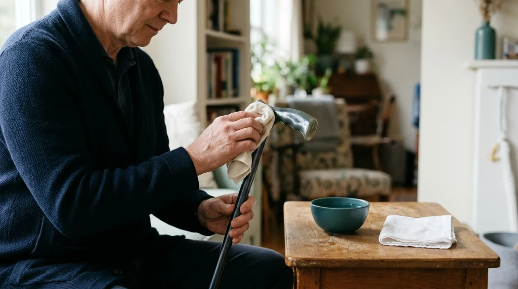Adult gently wiping a gel cane grip with a soft cloth at home.
