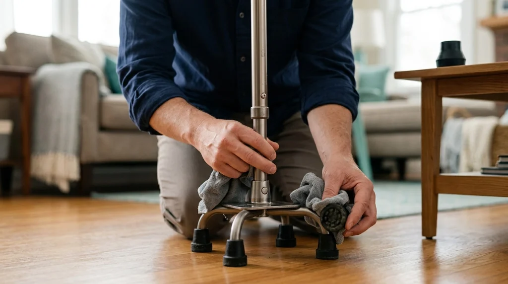 Caregiver inspecting and cleaning the four rubber feet of a quad cane in a home living room.