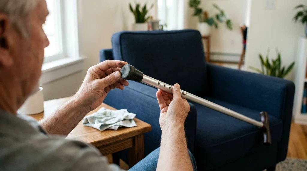 Older adult checking a standard walking cane rubber tip and adjustment mechanism during home maintenance.