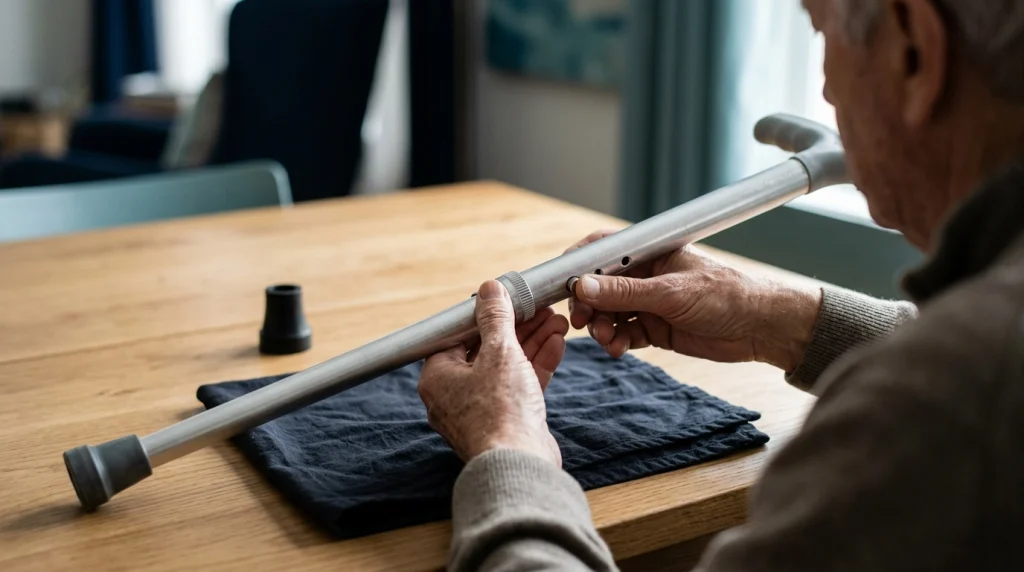 Older adult inspecting a telescoping cane locking button with a replacement rubber tip nearby.