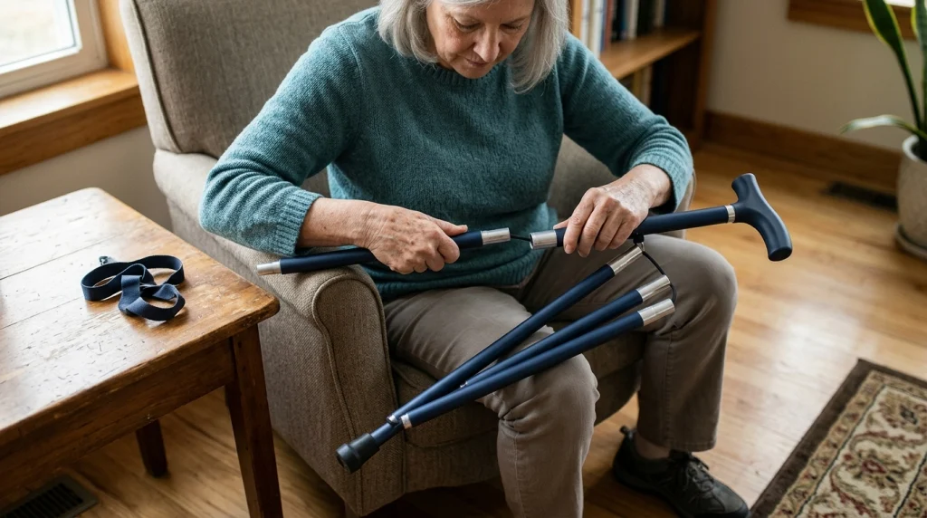 Seated older adult carefully connecting the shaft sections of a folding walking cane before use.