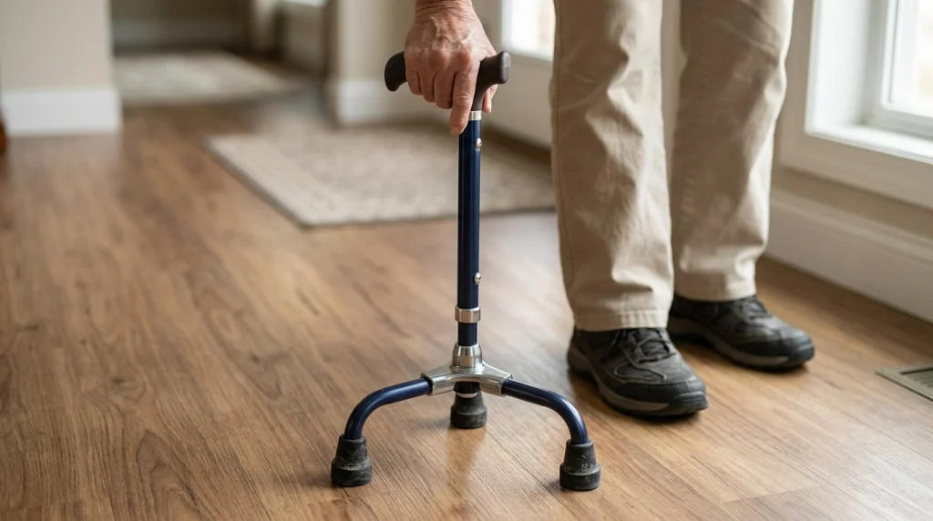 Close-up of tripod cane base showing three rubber feet resting securely on a wooden floor.