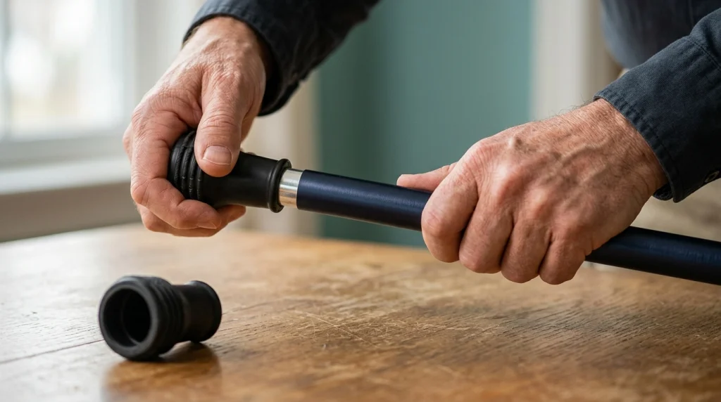 Hands fitting a rubber walking cane tip onto an aluminum shaft to demonstrate its friction connection.
