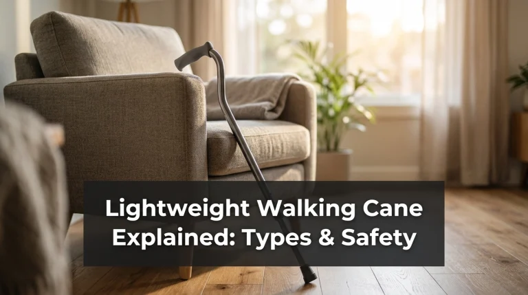 A lightweight walking cane leaning against an armchair in a sunlit room.