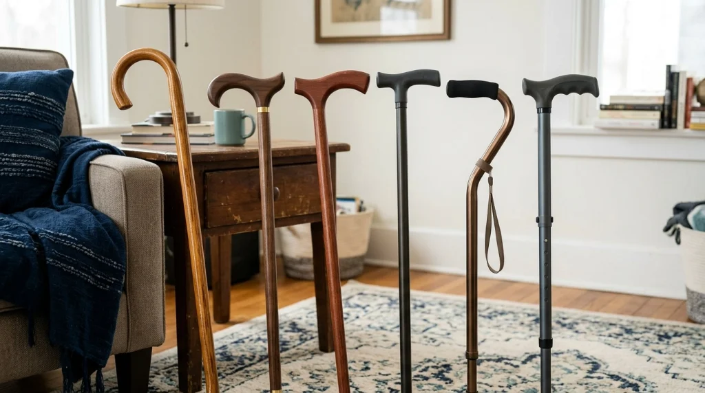Different walking cane handle types arranged to show crook, Derby, T-shaped, offset, and ergonomic grips.
