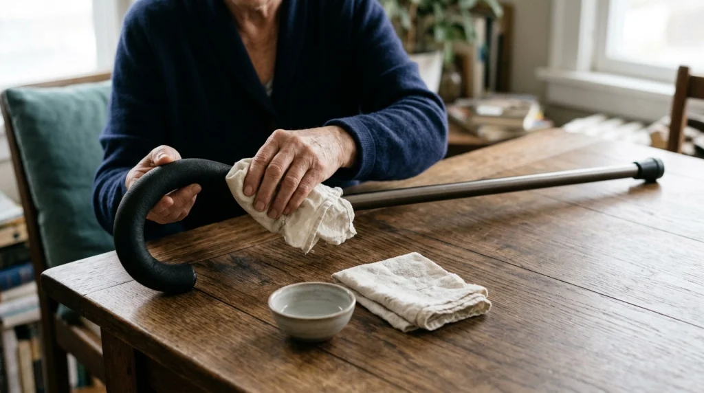 Older adult wiping and inspecting a padded cane handle on a wooden table at home.