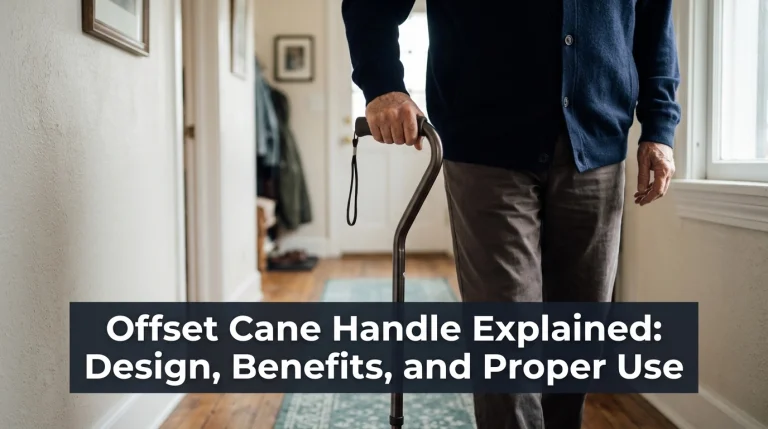 Older adult holding a walking cane with an offset cane handle in a home hallway