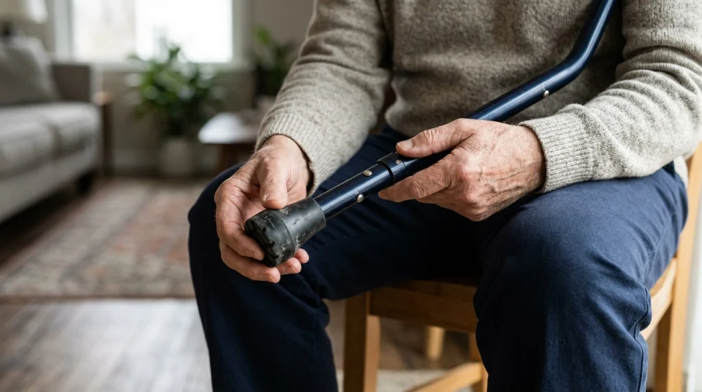 Older adult inspecting a worn rubber tip on an offset walking cane inside a living room.