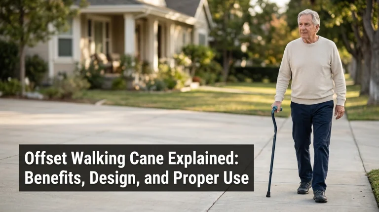 Older adult walking with a properly fitted offset walking cane on a residential sidewalk.