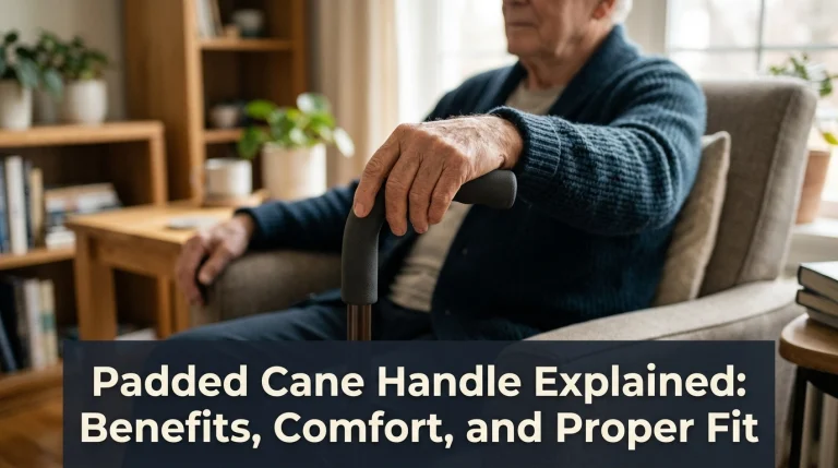 Older adult holding a padded cane handle at home, illustrating grip comfort and proper fit.