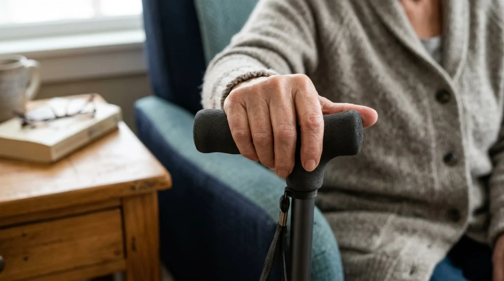 Close-up of an older adult comfortably holding a padded cane handle at home.