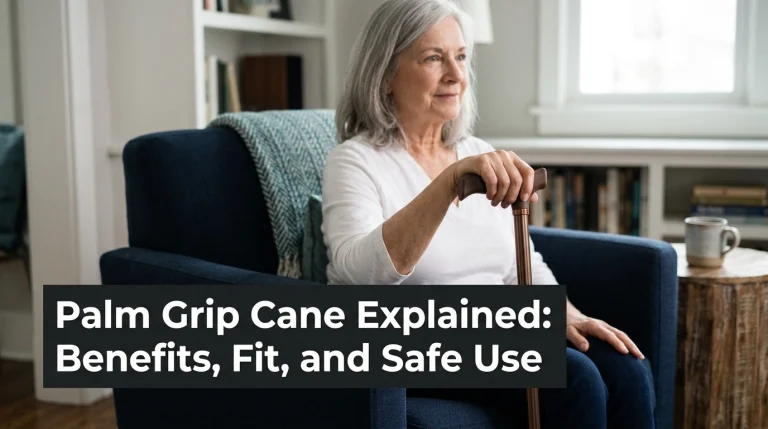 Older adult holding a palm grip cane with its contoured handle visible at home.