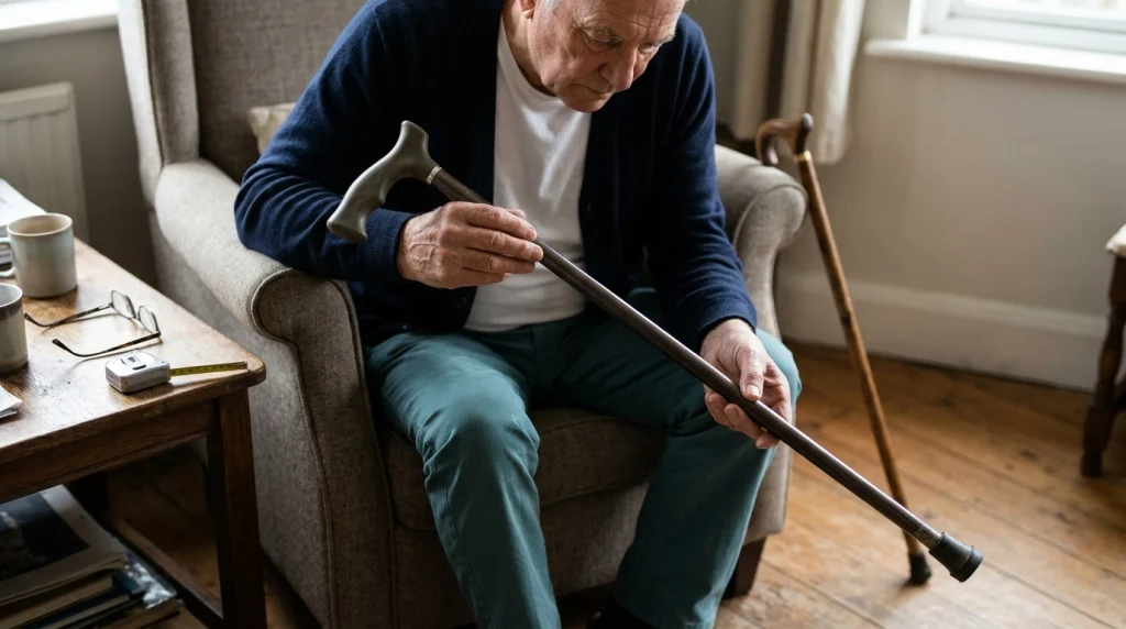 Older adult inspecting a palm grip cane handle, shaft, and rubber tip at home.