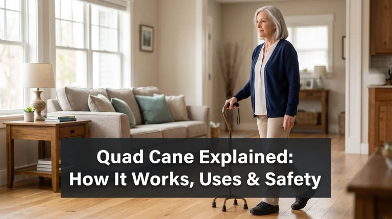 Older adult using a four-foot quad cane safely while walking through a bright living room.