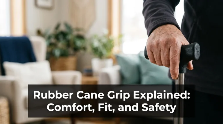 Older adult holding a textured rubber cane grip in a home setting.