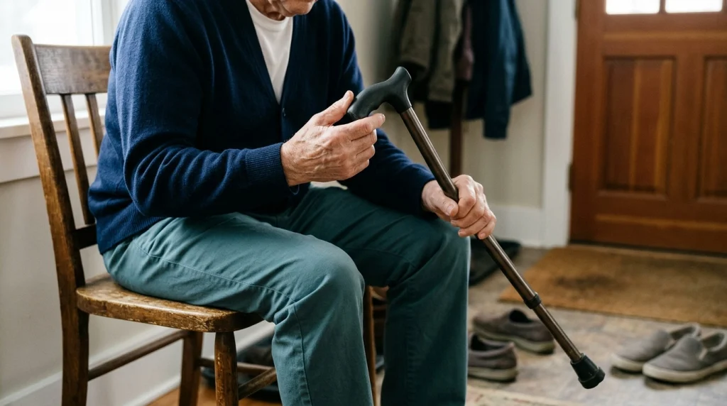 Older adult checking a rubber cane handle and shaft before use at home.