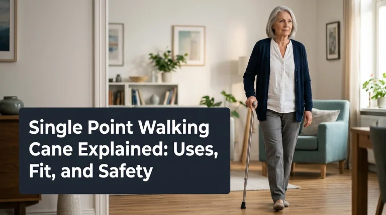 Older adult walking indoors with a correctly positioned single point walking cane and rubber tip.