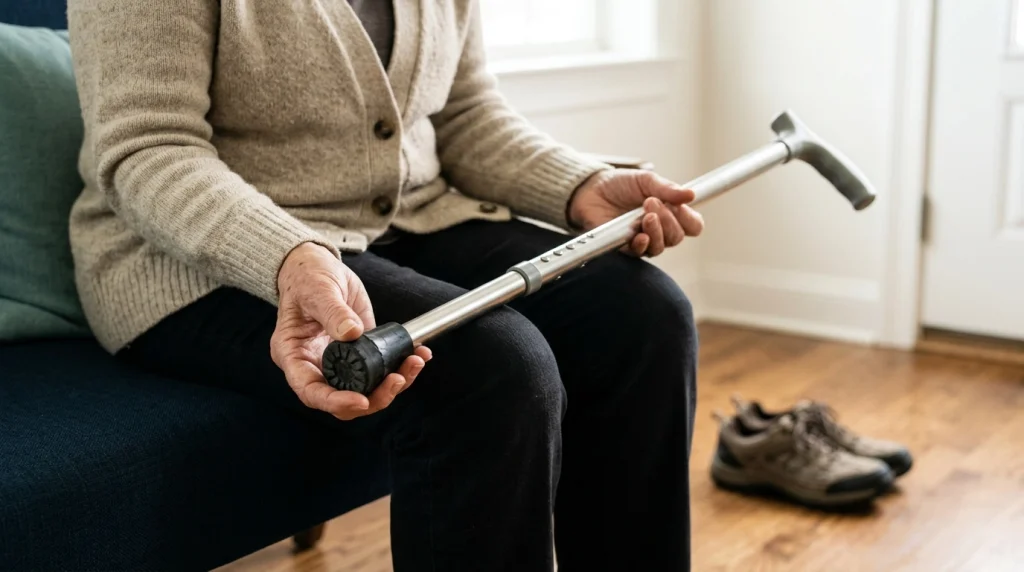 Older adult checking a single point walking cane rubber tip and adjustment lock before walking.