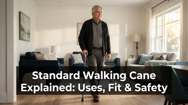 Older adult using a correctly fitted standard walking cane while walking through a bright living room.